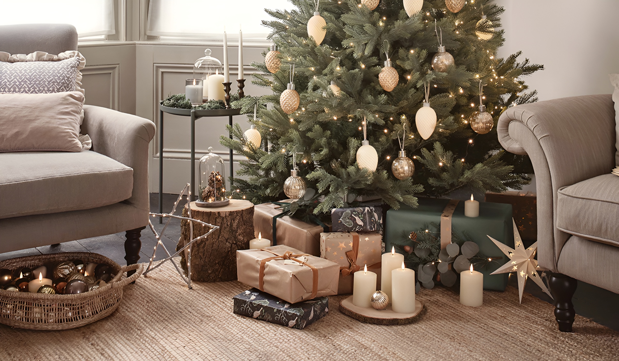 Сучасна різдвяна вітальня з декором - фото