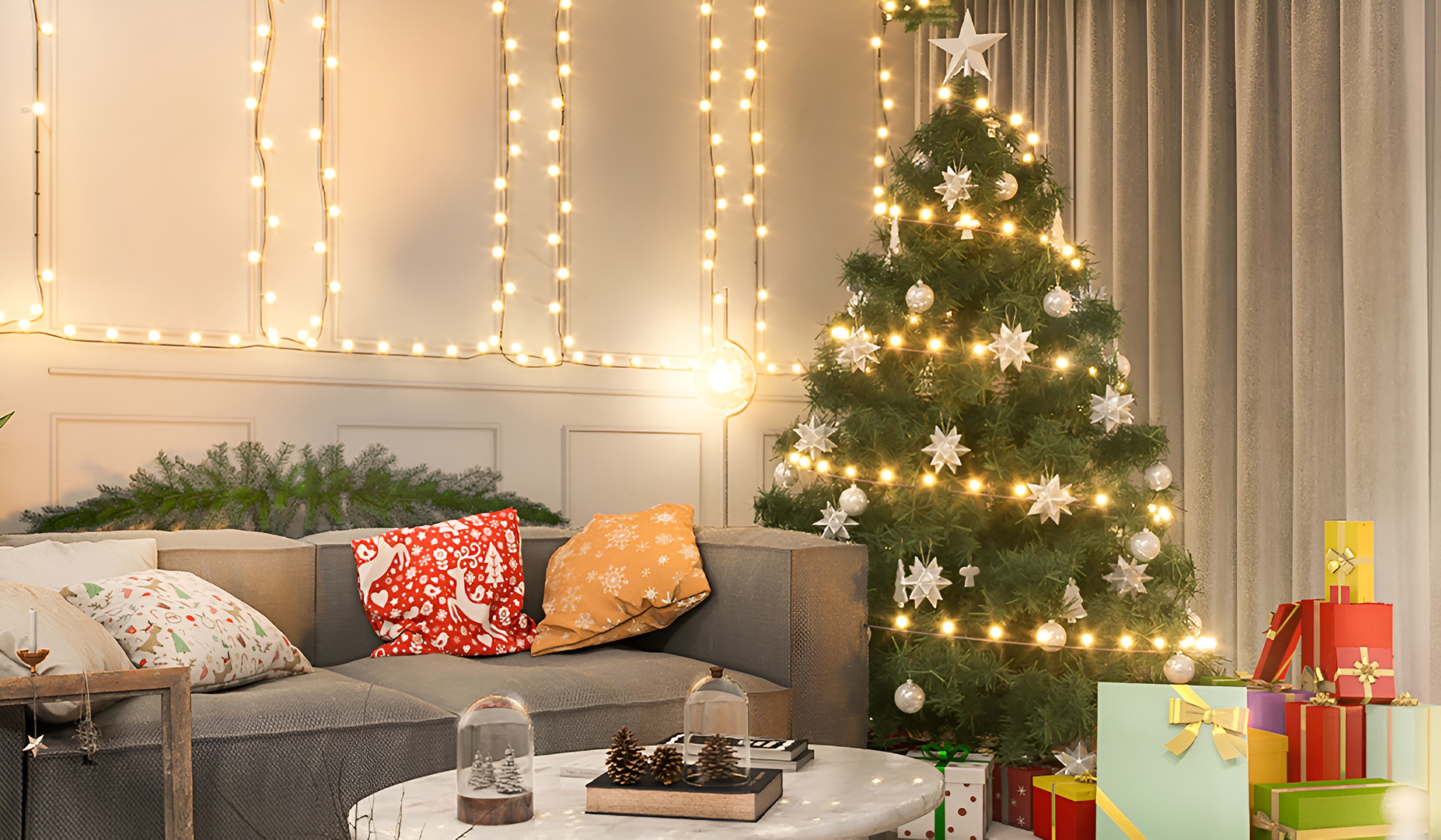 Затишна вітальня зі святковим декором - фото