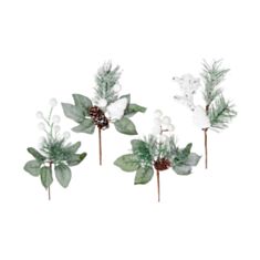 Декоративна новорічна гілка засніжена з хвої, листя і білих ягід БД 901-043 4 дизайни - фото