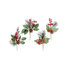 Декоративная новогодняя ветка заснеженная из хвои, листьев, шишек и ягод БД 901-049 4 дизайны - фото