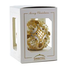 Елочная игрушка стеклянная ручной работы "Ш-300" Orbital 8 см белый с золотом - фото