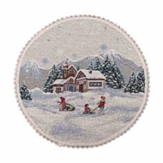 Салфетка гобеленовая Limaso ROUND1004M-25D Зимнее приключение с кружевом 25 см - фото