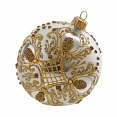 Елочная игрушка стеклянная ручной работы "Д-300" Orbital 8 см белая с золотом - фото
