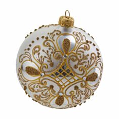 Елочная игрушка стеклянная ручной работы "Д-300" Orbital 10 см белая с золотом - фото